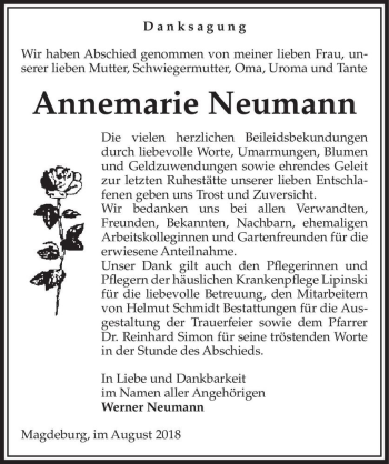 Traueranzeige von Annemarie Neumann  von Magdeburger Volksstimme