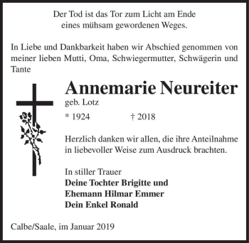 Traueranzeige von Annemarie Neureiter (geb. Lotz)  von Magdeburger Volksstimme