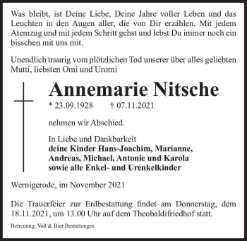 Traueranzeige von Annemarie Nitsche  von Magdeburger Volksstimme