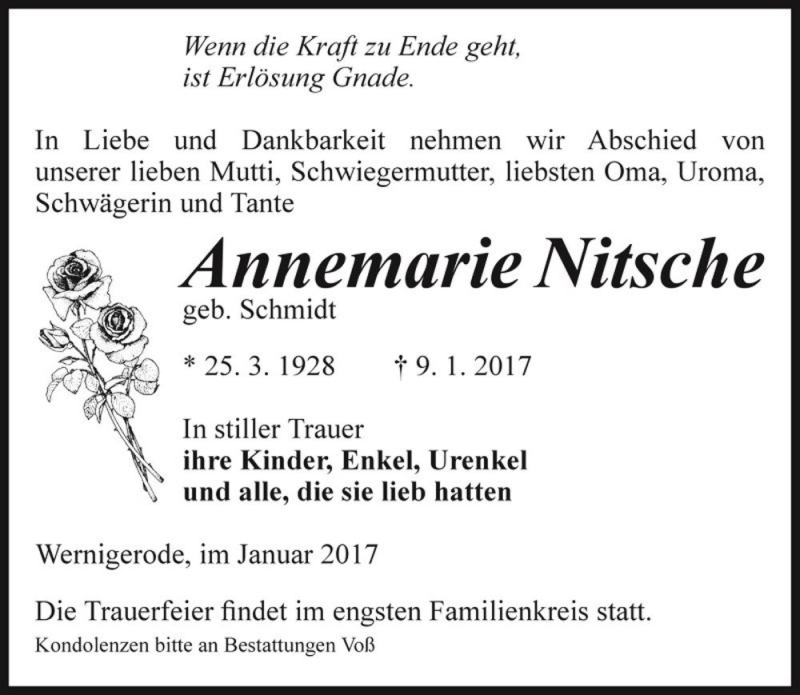  Traueranzeige für Annemarie Nitsche (geb. Schmidt)  vom 12.01.2017 aus Magdeburger Volksstimme