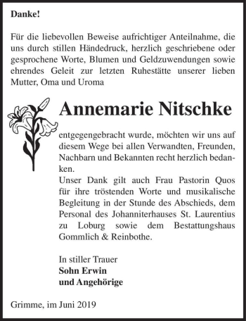 Traueranzeige von Annemarie Nitschke  von Magdeburger Volksstimme