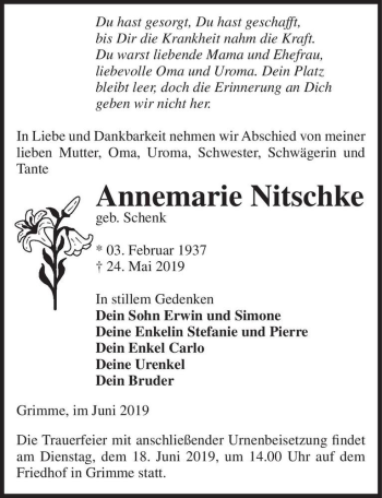 Traueranzeige von Annemarie Nitschke (geb. Schenk)  von Magdeburger Volksstimme