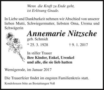 Traueranzeige von Annemarie Nitzsche (geb. Schmidt)  von Magdeburger Volksstimme
