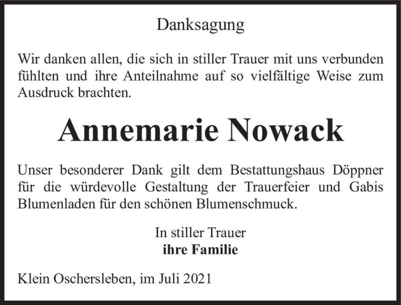  Traueranzeige für Annemarie Nowack  vom 10.07.2021 aus Magdeburger Volksstimme