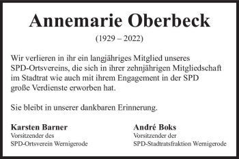 Traueranzeige von Annemarie Oberbeck  von Magdeburger Volksstimme