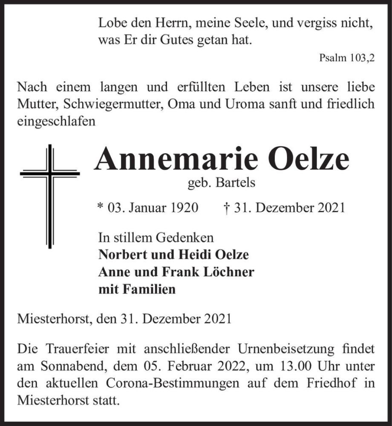  Traueranzeige für Annemarie Oelze (geb. Bartels)  vom 08.01.2022 aus Magdeburger Volksstimme