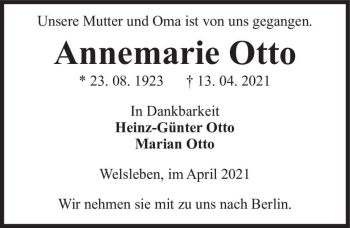 Traueranzeige von Annemarie Otto  von Magdeburger Volksstimme