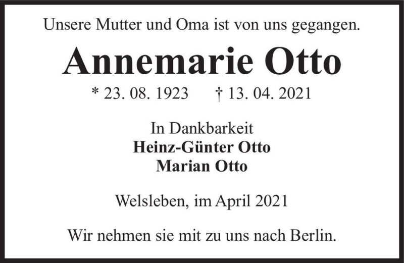  Traueranzeige für Annemarie Otto  vom 17.04.2021 aus Magdeburger Volksstimme