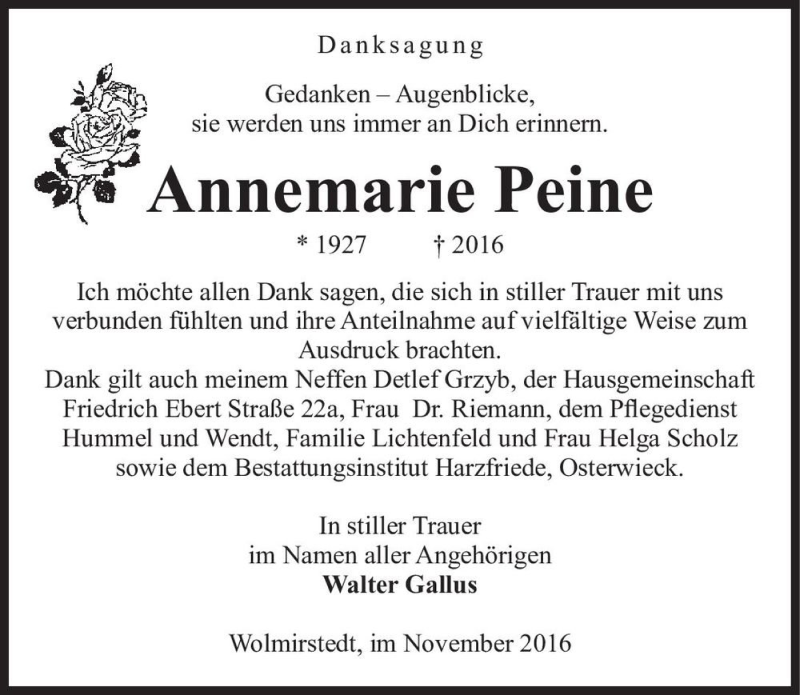  Traueranzeige für Annemarie Peine  vom 12.11.2016 aus Magdeburger Volksstimme