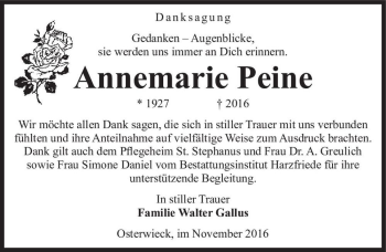 Traueranzeige von Annemarie Peine  von Magdeburger Volksstimme