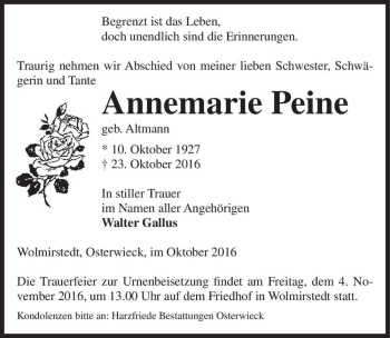 Traueranzeige von Annemarie Peine (geb. Altmann)  von Magdeburger Volksstimme