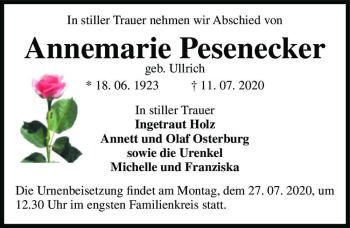 Traueranzeige von Annemarie Pesenecker (geb. Ullrich)  von Magdeburger Volksstimme