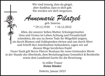 Traueranzeige von Annemarie Pilatzek (geb. Semrau)  von Magdeburger Volksstimme