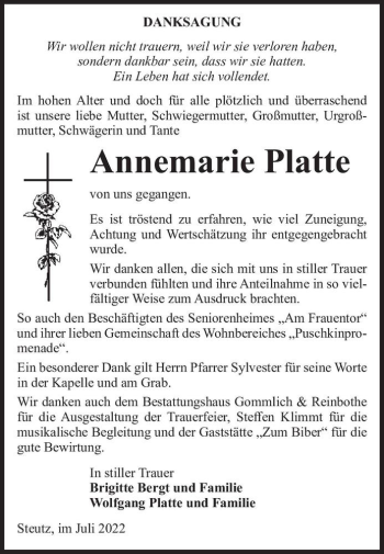 Traueranzeige von Annemarie Platte  von Magdeburger Volksstimme