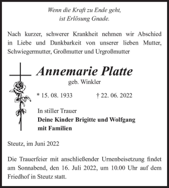Traueranzeige von Annemarie Platte (geb. Winkler)  von Magdeburger Volksstimme