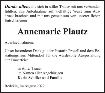 Traueranzeige von Annemarie Plautz  von Magdeburger Volksstimme