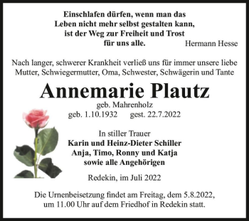 Traueranzeige von Annemarie Plautz (geb. Mahrenholz)  von Magdeburger Volksstimme