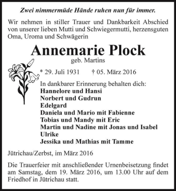 Traueranzeige von Annemarie Plock (geb. Martins)  von Magdeburger Volksstimme