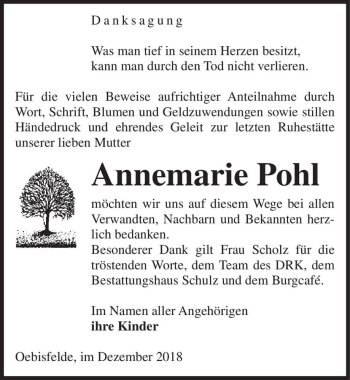 Traueranzeige von Annemarie Pohl  von Magdeburger Volksstimme