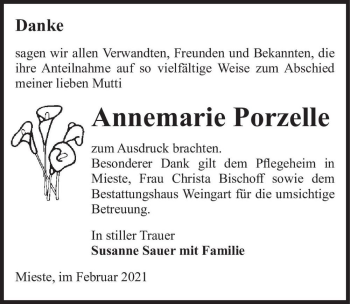 Traueranzeige von Annemarie Porzelle  von Magdeburger Volksstimme