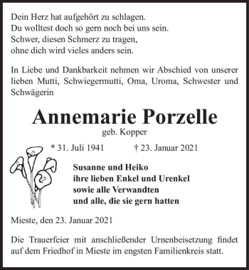 Traueranzeige von Annemarie Porzelle (geb. Kopper)  von Magdeburger Volksstimme