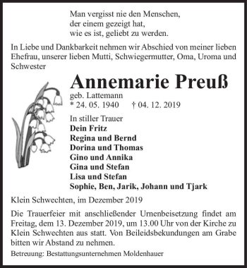 Traueranzeige von Annemarie Preuß (geb. Lattemann)  von Magdeburger Volksstimme