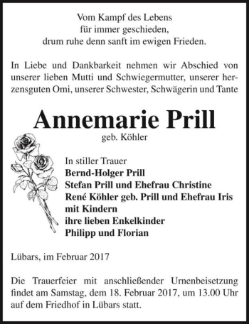Traueranzeige von Annemarie Prill (geb. Köhler)  von Magdeburger Volksstimme