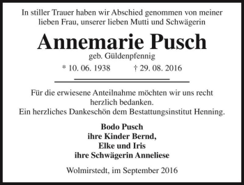 Traueranzeige von Annemarie Pusch (geb. Güldenpfennig)  von Magdeburger Volksstimme