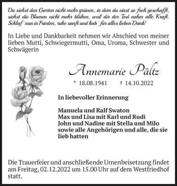 Traueranzeige von Annemarie Pältz  von Magdeburger Volksstimme