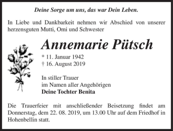 Traueranzeige von Annemarie Pütsch  von Magdeburger Volksstimme