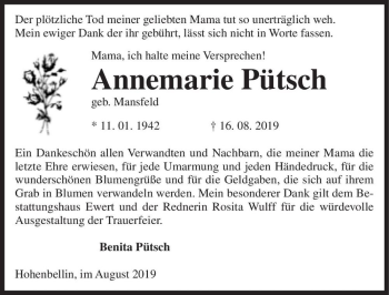 Traueranzeige von Annemarie Pütsch  von Magdeburger Volksstimme