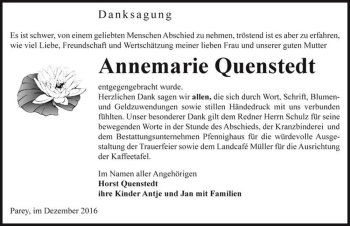 Traueranzeige von Annemarie Quenstedt  von Magdeburger Volksstimme