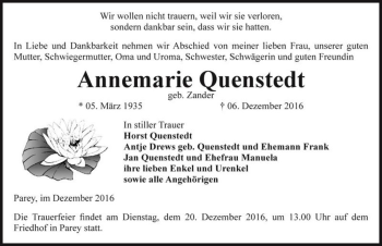 Traueranzeige von Annemarie Quenstedt (geb. Zander)  von Magdeburger Volksstimme