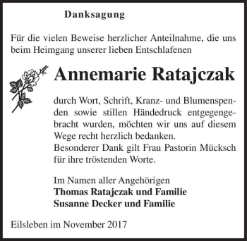 Traueranzeige von Annemarie Ratajczak  von Magdeburger Volksstimme