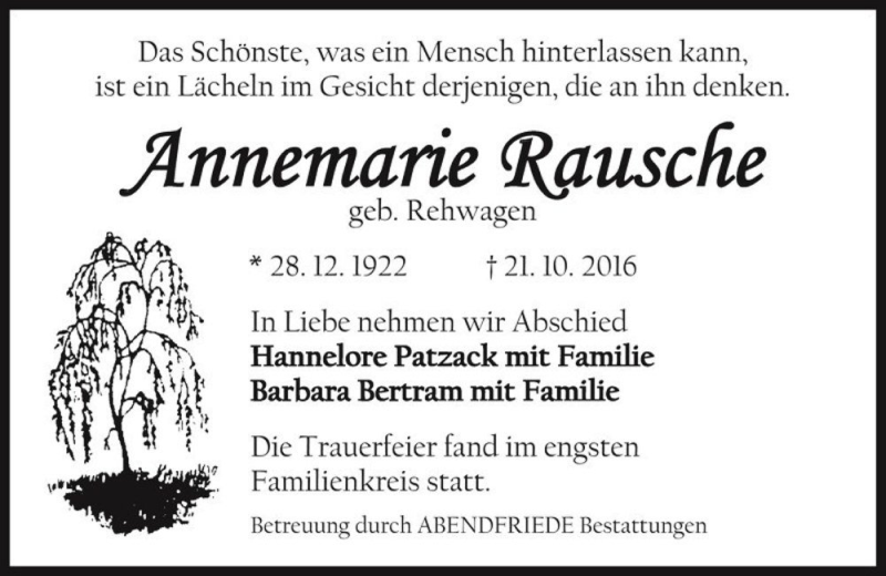  Traueranzeige für Annemarie Rausche (geb. Rehwagen)  vom 26.11.2016 aus Magdeburger Volksstimme