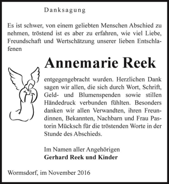 Traueranzeige von Annemarie Reek  von Magdeburger Volksstimme