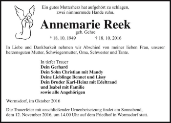 Traueranzeige von Annemarie Reek (geb. Gehre)  von Magdeburger Volksstimme