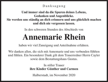 Traueranzeige von Annemarie Rhein  von Magdeburger Volksstimme