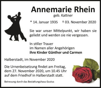 Traueranzeige von Annemarie Rhein (geb. Kattner)  von Magdeburger Volksstimme