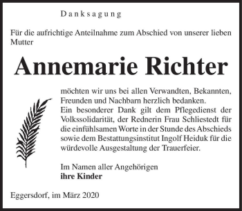 Traueranzeige von Annemarie Richter  von Magdeburger Volksstimme