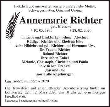 Traueranzeige von Annemarie Richter (geb. Bresicke)  von Magdeburger Volksstimme