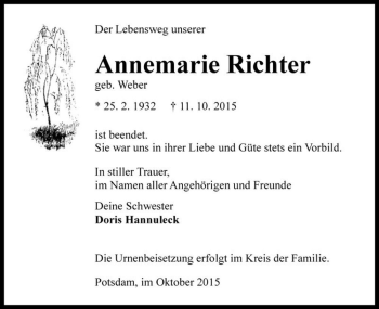 Traueranzeige von Annemarie Richter (geb. Weber)  von Magdeburger Volksstimme