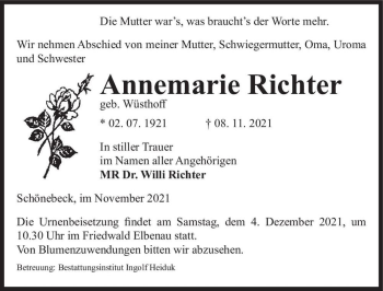 Traueranzeige von Annemarie Richter (geb. Wüsthoff)  von Magdeburger Volksstimme