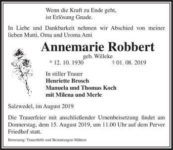 Traueranzeige von Annemarie Robbert (geb. Willeke)  von Magdeburger Volksstimme