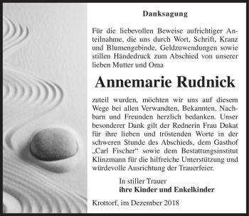 Traueranzeige von Annemarie Rudnick  von Magdeburger Volksstimme