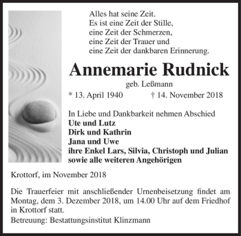 Traueranzeige von Annemarie Rudnick (geb. Leßmann)  von Magdeburger Volksstimme