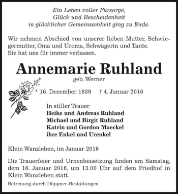 Traueranzeige von Annemarie Ruhland (geb. Werner)  von Magdeburger Volksstimme