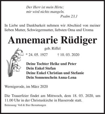 Traueranzeige von Annemarie Rüdiger (geb. Riffel)  von Magdeburger Volksstimme