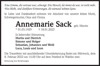 Traueranzeige von Annemarie Sack  (geb. Mautes)  von Magdeburger Volksstimme
