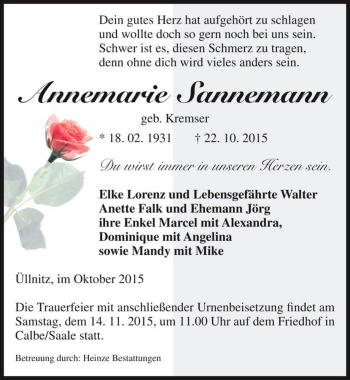 Traueranzeige von Annemarie Sannemann (geb. Kremser)  von Magdeburger Volksstimme